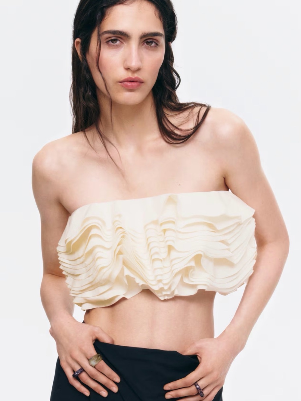 Strapless Flounce Ruffle Bandeau Crop Top in Cream
